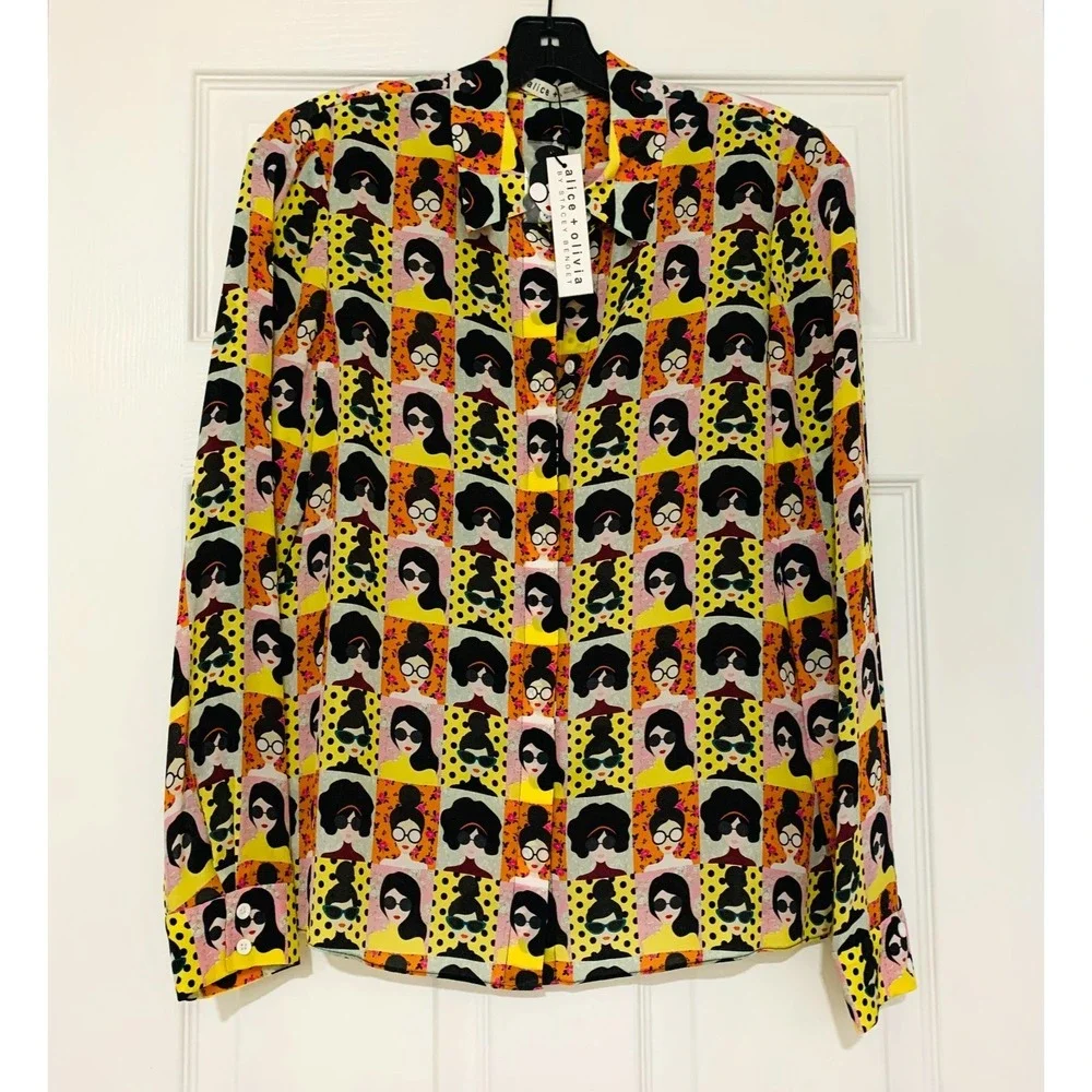 NWT Alice + Olivia Silk Willa Stace Tribe Face Blouse Shirt Sm 2 4 Mod - Picture 3 of 11